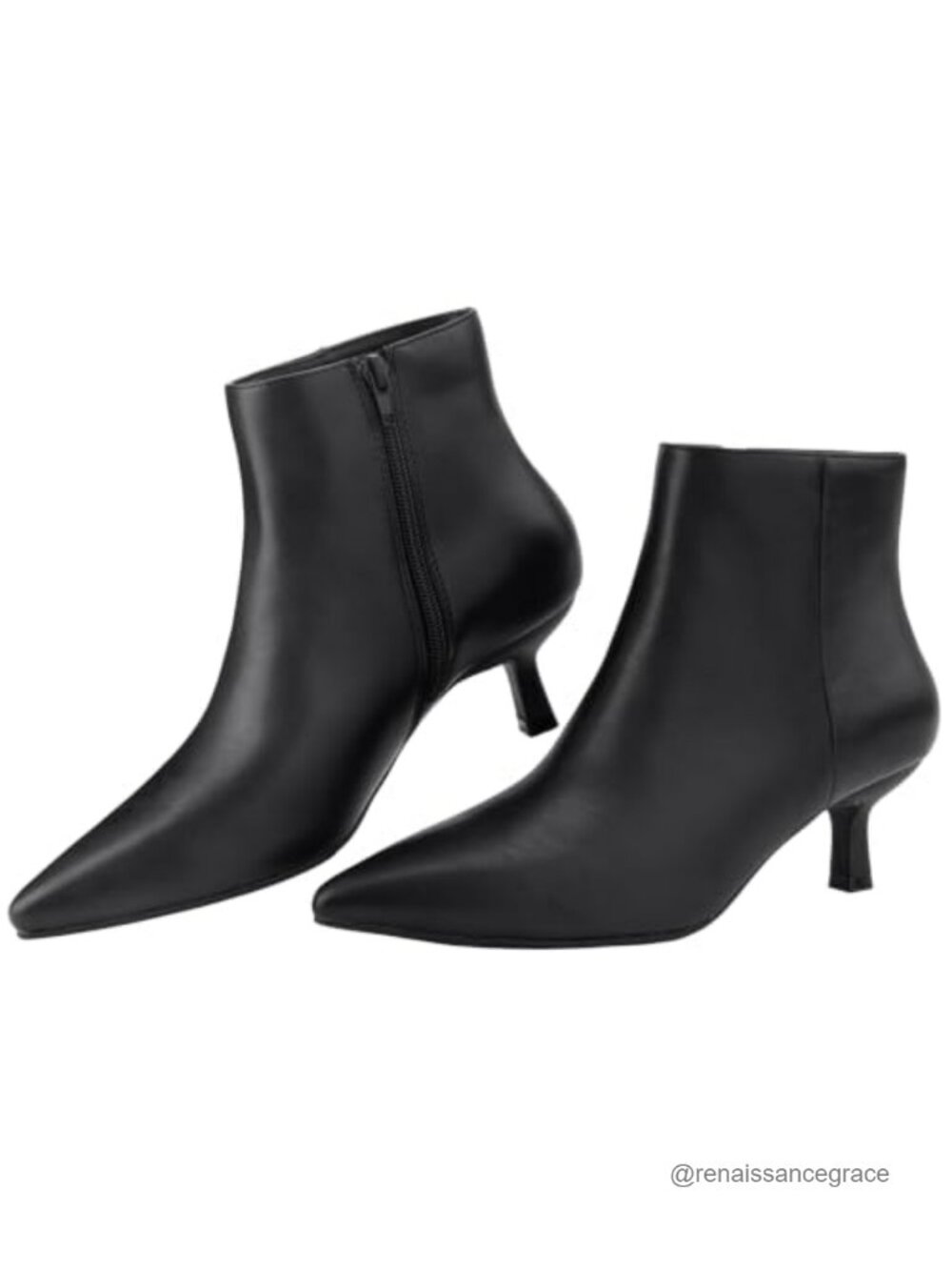 Pointed Toe Kitten Heel Ankle Booties Side Zipper Memory Foam Faux Leather